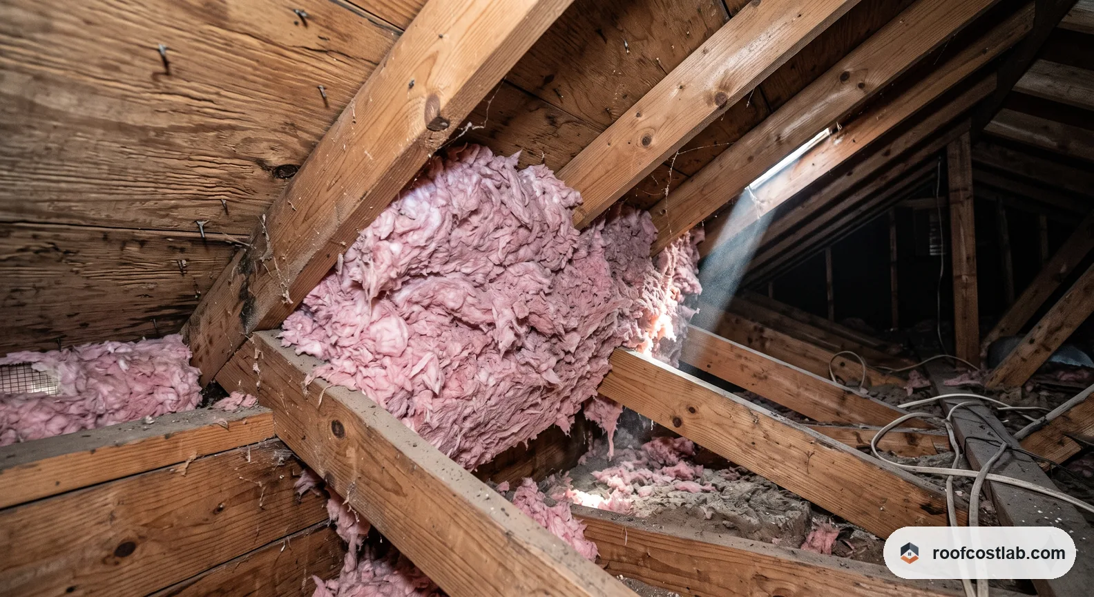 View inside an attic eave where blown insulation has been pushed hard against the underside of the roof deck, completely covering the soffit vent opening below it.