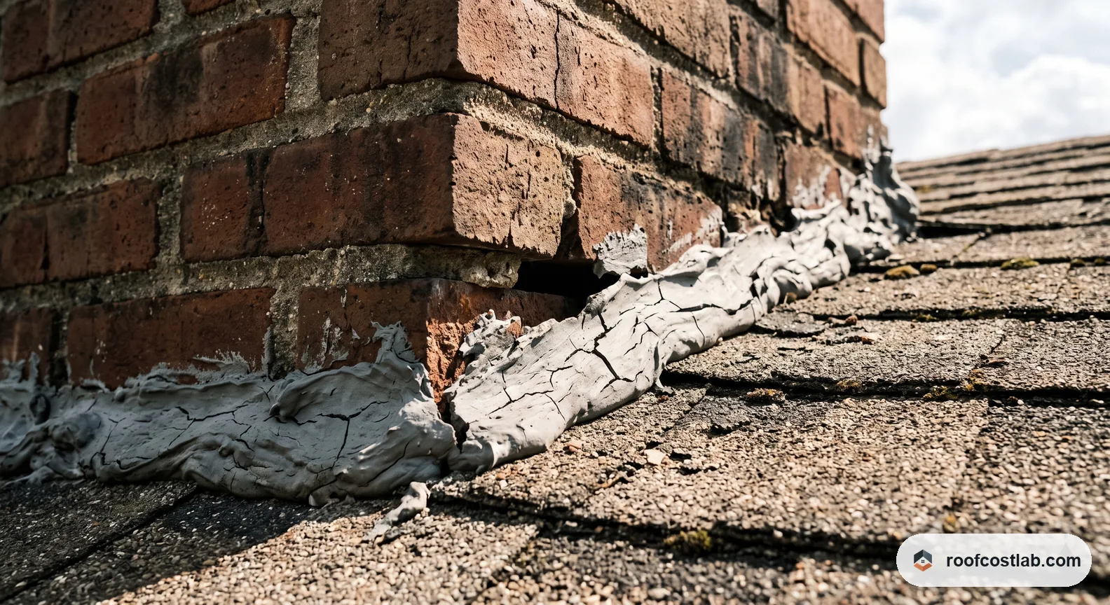 A chimney base where flashing has been sealed with a thick bead of roofing caulk instead of metal counter flashing. The sealant has cracked and pulled away from the masonry, leaving an open gap.
