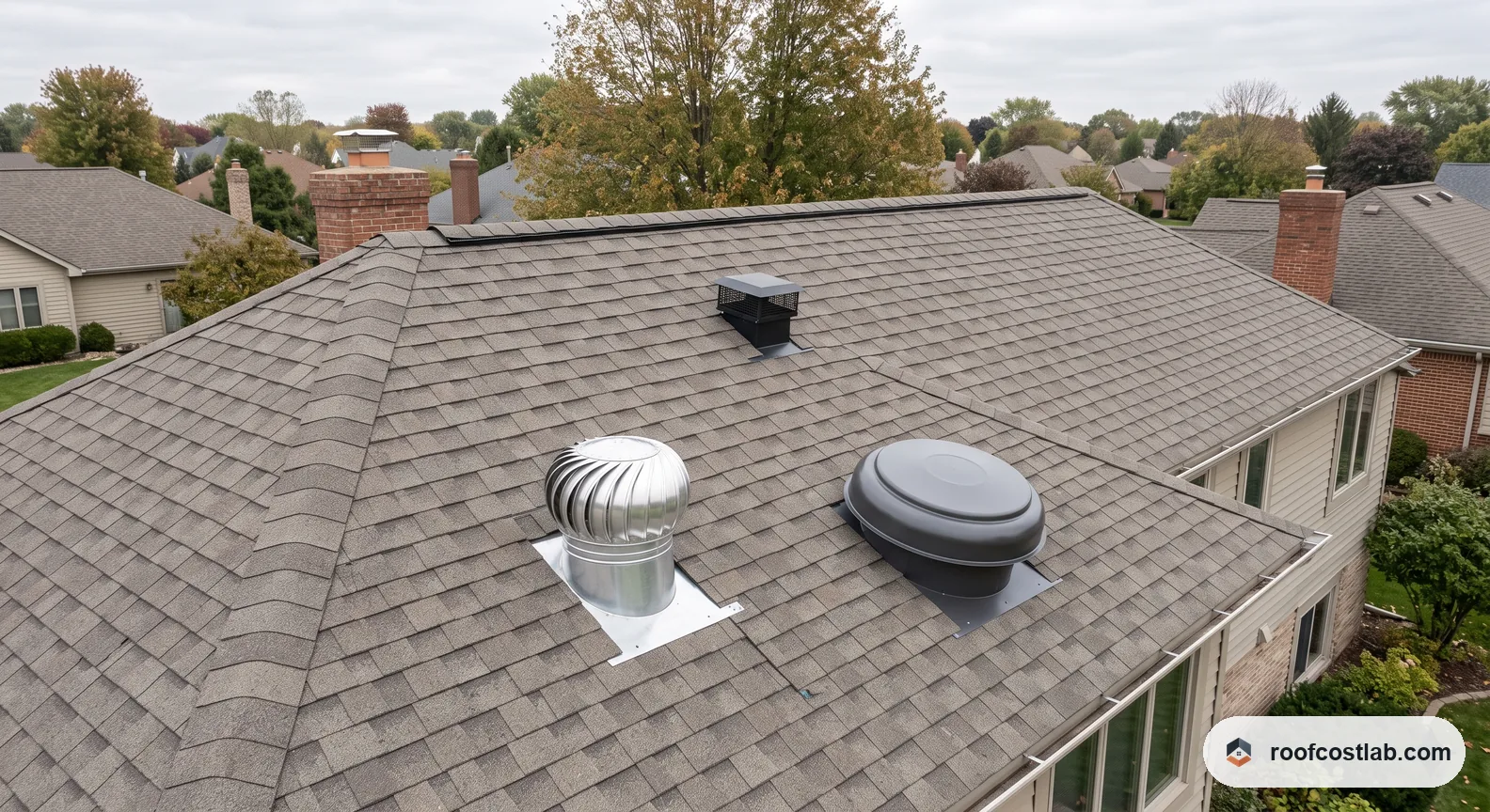 An asphalt shingle roof carrying two different exhaust vents at once: a finned aluminium turbine vent and, a few feet away, a low domed powered attic fan. A capped flue stands on the slope behind them.