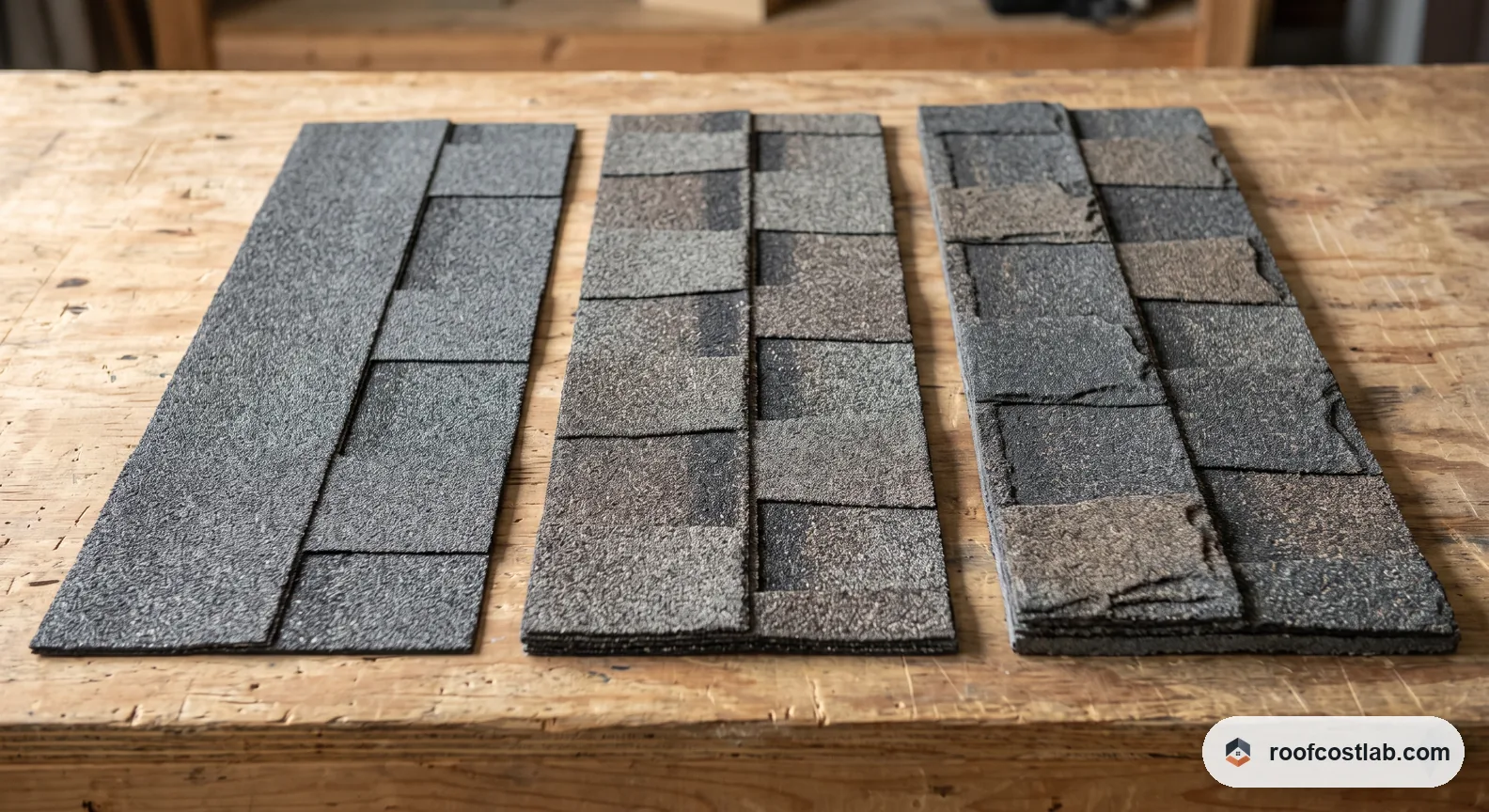 Three asphalt shingle strips laid side by side on a wooden bench and lit from a low angle. The strip on the left is a flat, evenly coloured single layer; the middle and right strips show patchwork tonal variation and a visibly thicker layered edge.