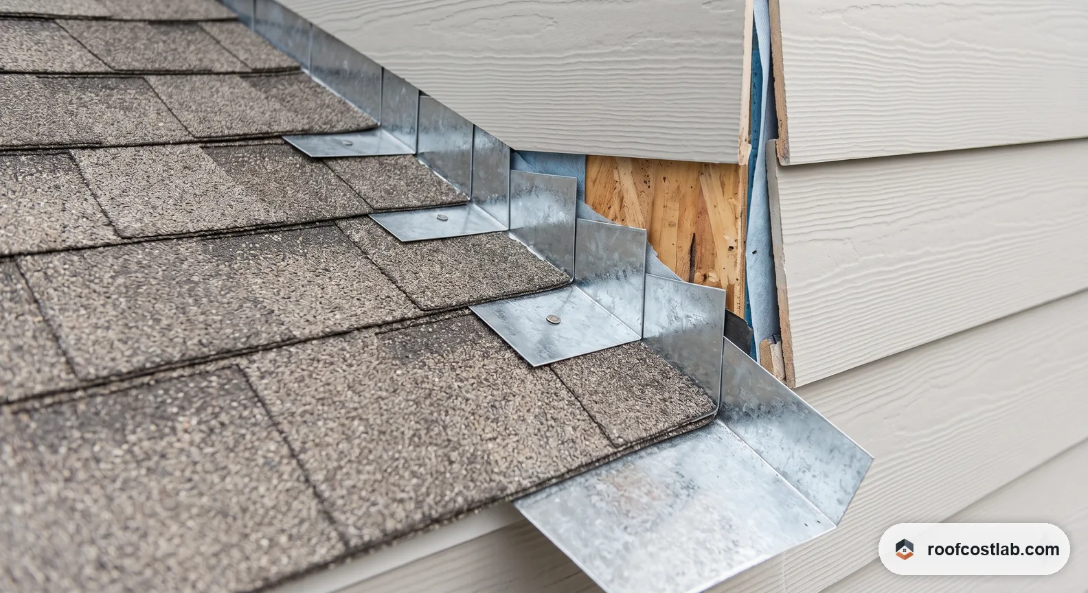 Close view of step flashing on a roof-to-wall joint: separate L-shaped metal pieces woven one per shingle course, each lapping over the piece below like a staircase, running up under the siding.